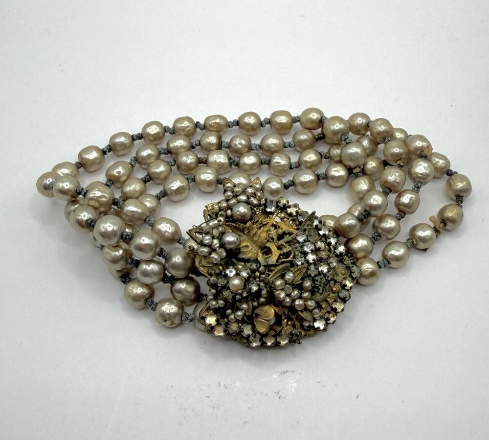Vintage Miriam Haskell 4 Strand Faux Pearl Statement Bracelet